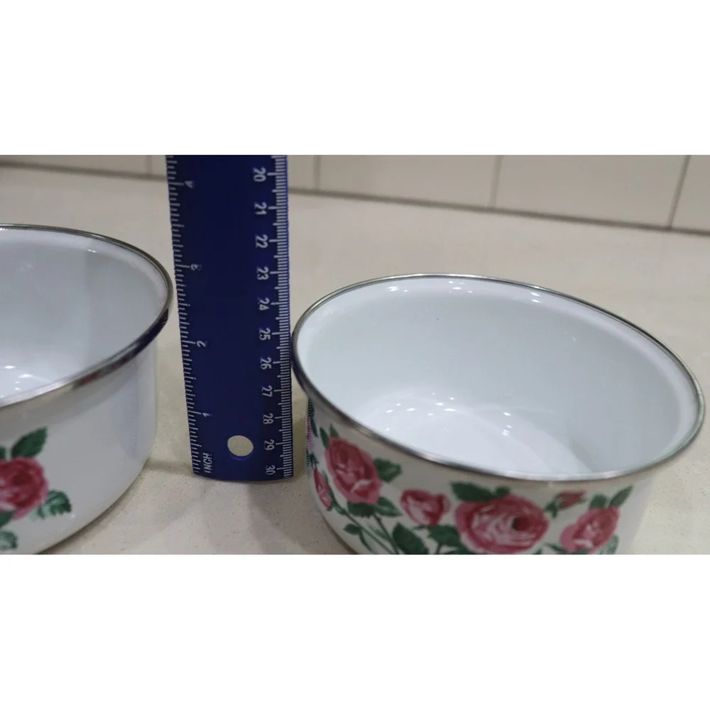 Vintage Enamelware Pink Rose Floral Nesting Bowls Set of 2 White Silver Rim